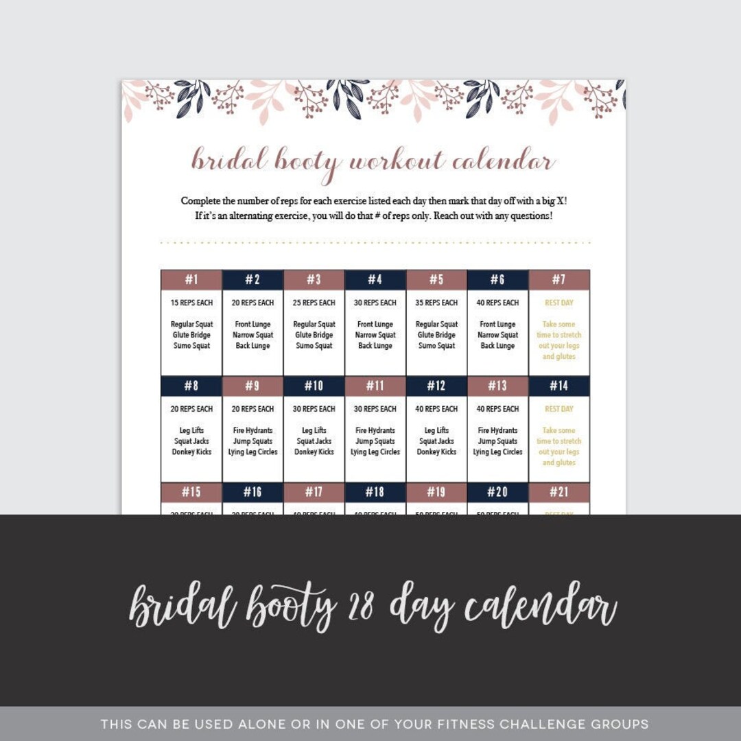 28 Day Bridal Booty Workout Calendar PERSONALUSE Etsy