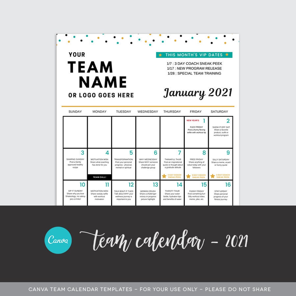CANVA 2021 Team Calendar Template Coach Calendar Fitness Etsy
