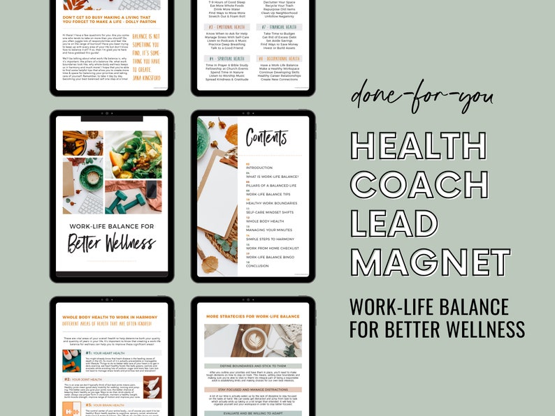 K&ouml;nnte beinhalten: Ein digitaler Leitfaden mit dem Titel "Work-Life Balance f&uuml;r mehr Wohlbefinden" mit einem Inhaltsverzeichnis und Tipps, um ein gesundes Gleichgewicht zwischen Arbeit und Privatleben zu erreichen. Der Leitfaden enth&auml;lt Bilder von Essen, Trainingsger&auml;ten und einer Tasse Kaffee.