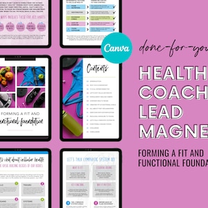 以下が含まれることがあります： ピンクと白のデジタルタブレットで、画面には健康コーチのリードマグネットが表示されています。画面には「Forming a Fit and Functional Foundation」というタイトルとコンテンツのリストが表示されています。タブレットはピンクの背景にあり、黒い文字で「done-for-you HEALTH COACH LEAD MAGNET」と表示されています。