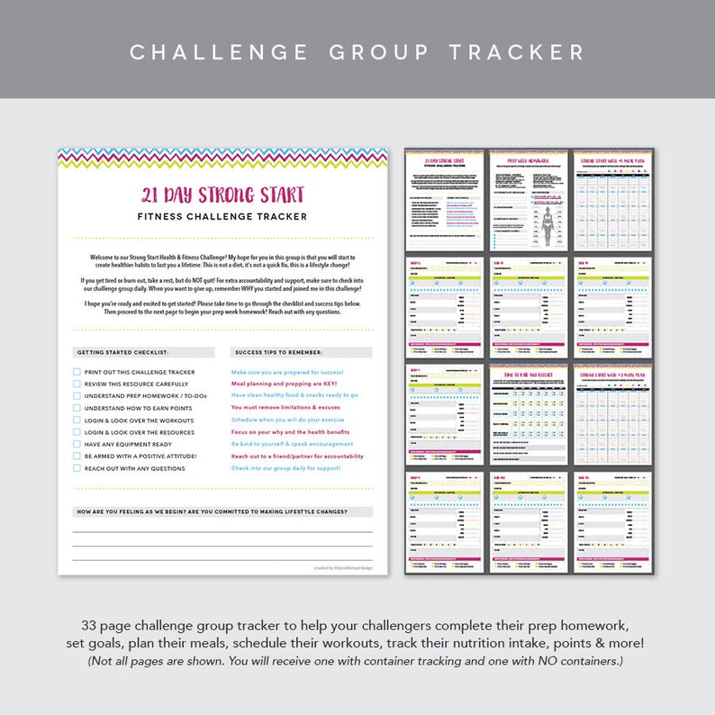 May include: A 21-day fitness challenge tracker with a colorful design. The tracker includes a checklist for getting started, success tips, and a calendar for tracking progress. The text on the page reads "21 Day Strong Start Fitness Challenge Tracker".