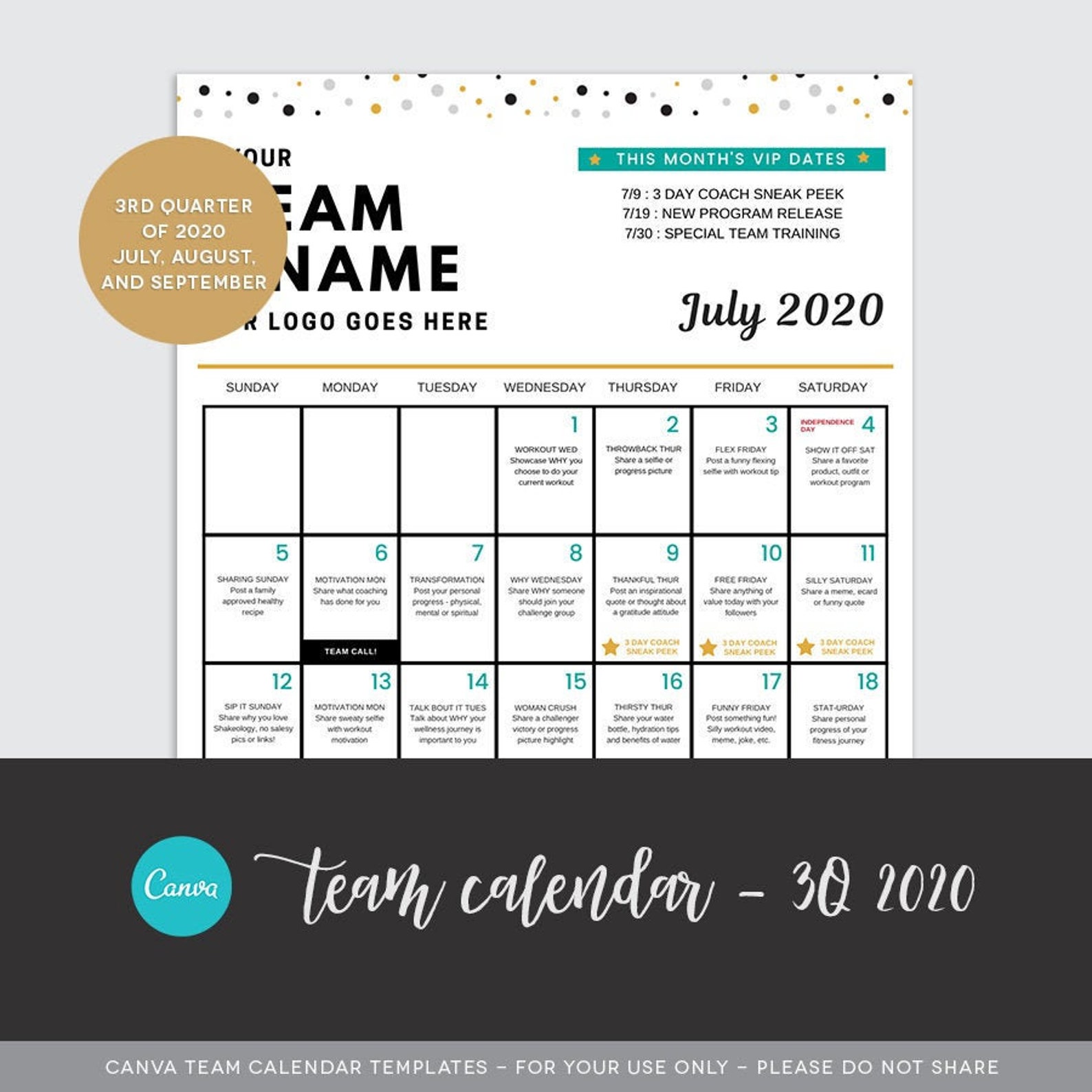CANVA 3Q 2020 Team Calendar Template Coach Calendar Etsy