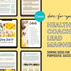 以下が含まれることがあります： 黄色い背景に、種、ダンベル、スニーカーの画像が載っている「Sowing Seeds for Purposeful Success」というタイトルのデジタルガイド。ガイドには目次と「Ways to Eat More Fresh Foods of Time」というセクションが含まれています。