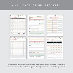 May include: A set of printable challenge group trackers with a pink and green color scheme. The trackers include a meal planner, workout calendar, rate and reflect sheet, and a point sheet. The trackers are decorated with gold stars.