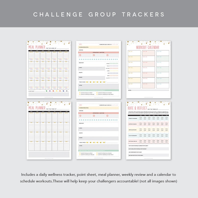 May include: A set of printable challenge group trackers with a pink and green color scheme. The trackers include a meal planner, workout calendar, rate and reflect sheet, and a point sheet. The trackers are decorated with gold stars.
