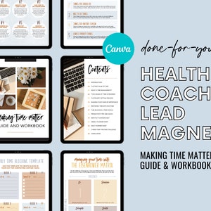 以下が含まれることがあります： 「Making Time Matter」というタイトルのデジタルガイドとワークブック。表紙には、ラップトップ、花、時計の画像が掲載されています。このガイドには、毎日の時間ブロックテンプレートと、アイゼンハワーマトリックスを使用した時間管理に関するセクションが含まれています。