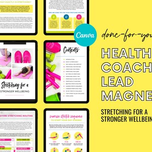 以下が含まれることがあります： ピンクとグリーンのカラーテーマで「Stretching for a Stronger Wellbeing」というタイトルのデジタルガイド。ガイドには目次、就寝前のストレッチルーチン、日の出時のストレッチシーケンスが含まれています。