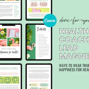 以下が含まれることがあります： ピンクのフラミンゴと熱帯の葉が表紙に描かれた、健康コーチ向けのデジタルリードマグネット。タイトルは「Ways to Wear True Happiness for Health!」で、テキストには「Contents」と「Enjoy More Awe-Moments in Life」が含まれています。