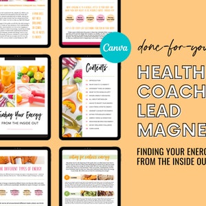 以下が含まれることがあります： 「Health Coach Lead Magnet」というタイトルのデジタル製品で、「Finding Your Energy From The Inside Out」というテキストが表示されています。画像には、レシピ、果物、テキストなど、コンテンツを表示するいくつかのタブレット画面が表示されています。Canvaのロゴも表示されています。