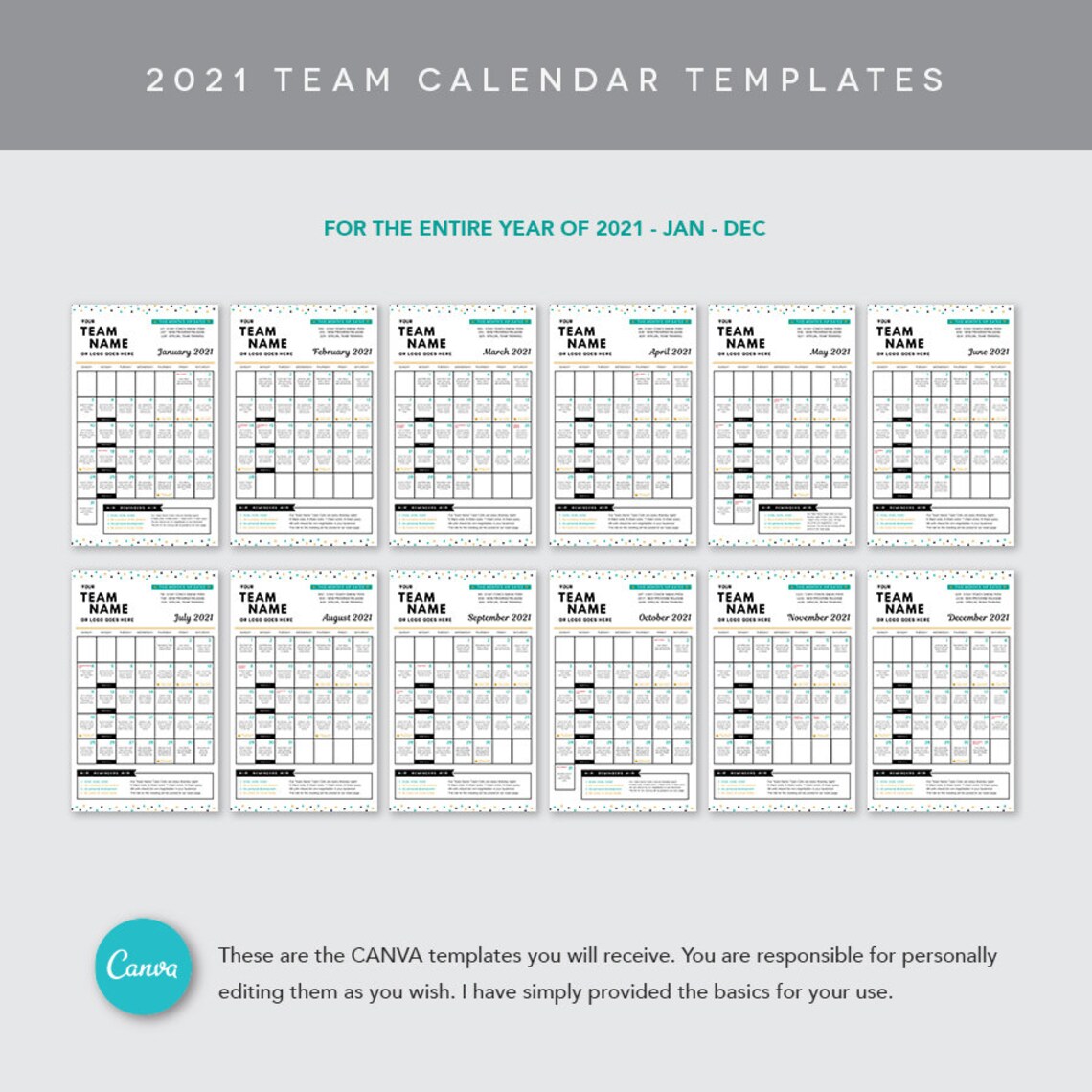 CANVA 2021 Team Calendar Template Coach Calendar Fitness Etsy