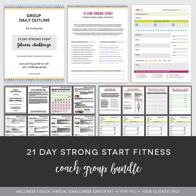 May include: A digital download for a 21-day fitness challenge group kit. The kit includes a daily outline, fitness tracker, and other resources for wellness coaches to use with their clients. The text "21 Day Strong Start Fitness Coach Group Bundle" is displayed in a large font at the bottom of the image.
