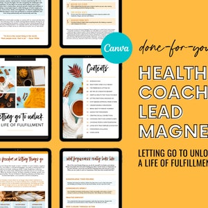 以下が含まれることがあります： 「Letting Go To Unlock A Life Of Fulfillment」というタイトルの健康コーチ向けのデジタルリードマグネット。リードマグネットには、コーヒーカップ、本、ニットセーターなど、秋のテーマの画像のコラージュが掲載されています。テキスト「Letting Go To Unlock A Life Of Fulfillment」は、黒の背景に太字の白で表示されています。