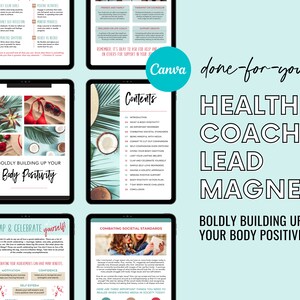 以下が含まれることがあります： 健康コーチのためのデジタルマーケティングリードマグネット。リードマグネットのタイトルは「大胆にあなたの体の肯定性を築き上げよう」で、目次、社会規範に対抗するためのヒント、そして「拍手して自分を祝いましょう！」というセクションが含まれています。