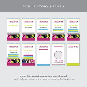 May include: Ten colorful Instagram story templates for a 21-day fitness challenge. The templates feature a pink, green, and yellow color scheme with images of fitness equipment, fruit, and a smartphone. The text on the templates includes "Strong Start 21 Day Fitness Challenge", "Save Your Spot!" and "You'll Receive".