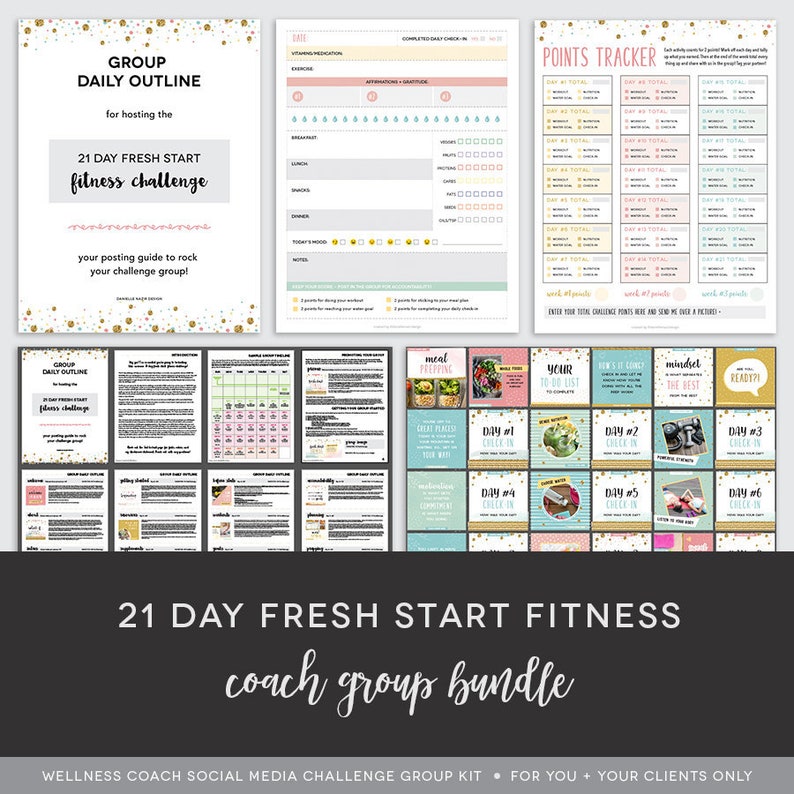 May include: A digital download for a 21-day fitness challenge group kit. The kit includes a daily outline, points tracker, meal prepping tips, and daily check-in graphics. The graphics are in pink, blue, and green with gold glitter accents.