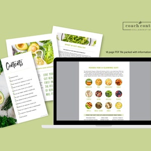 May include: A laptop computer displaying a digital document with the title "Foods for a Glowing Gut!" The document lists foods that are good for gut health, including kombucha, miso, sauerkraut, kimchi, ginger, beans, avocado, berries, apples, wheat germ, garlic, and lemon. The document also includes the text "18 page PDF file packed with information!"