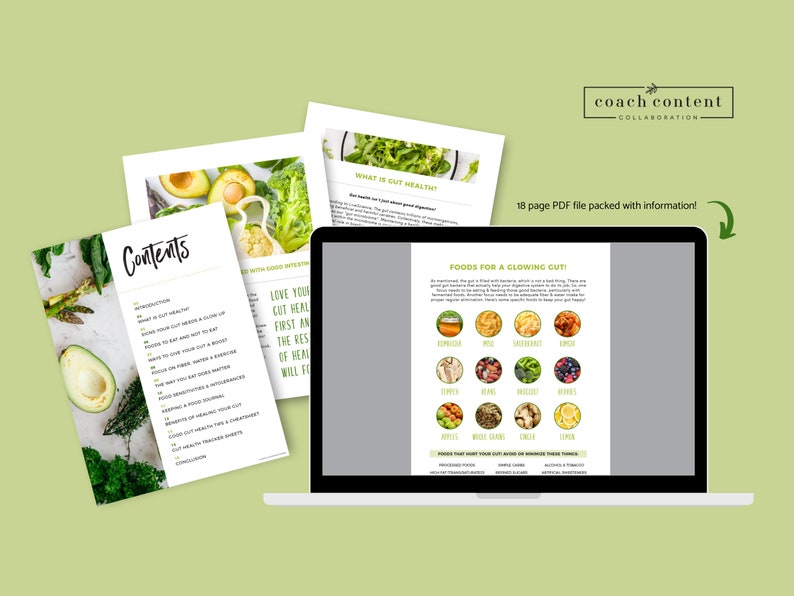 May include: A laptop computer displaying a digital document with the title "Foods for a Glowing Gut!" The document lists foods that are good for gut health, including kombucha, miso, sauerkraut, kimchi, ginger, beans, avocado, berries, apples, wheat germ, garlic, and lemon. The document also includes the text "18 page PDF file packed with information!"