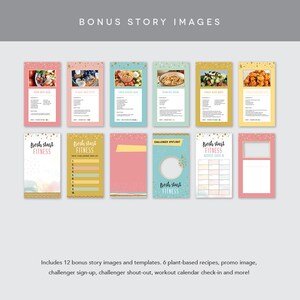 May include: A set of 12 Instagram story templates for a fitness challenge. The templates feature a pink, blue, and yellow color scheme with gold glitter accents. The text "fresh start fitness" is featured on several of the templates.