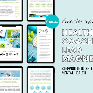 以下が含まれることがあります： 青と緑のカラーテーマで「Stepping into Better Mental Health」というタイトルのデジタルガイド。ガイドには目次、実証されたメンタルヘルスの実践に関するセクション、心と体のつながりに関するセクションが含まれています。