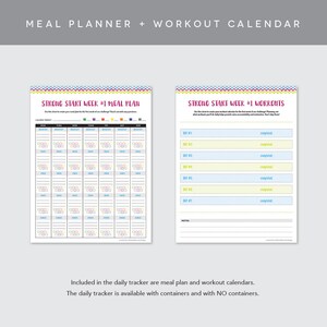 May include: A printable meal planner and workout calendar with a colorful chevron pattern. The meal planner has a grid for each day of the week with spaces for breakfast, lunch, dinner, and snacks. The workout calendar has a list of days with space to write in the workout and mark it as completed.
