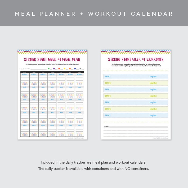 May include: A printable meal planner and workout calendar with a colorful chevron pattern. The meal planner has a grid for each day of the week with spaces for breakfast, lunch, dinner, and snacks. The workout calendar has a list of days with space to write in the workout and mark it as completed.