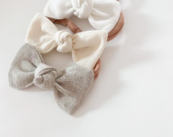 Neutral linen trio | neutral baby bows | baby bow set | baby headbands | cute baby bows | nylon headbands | linen baby bows