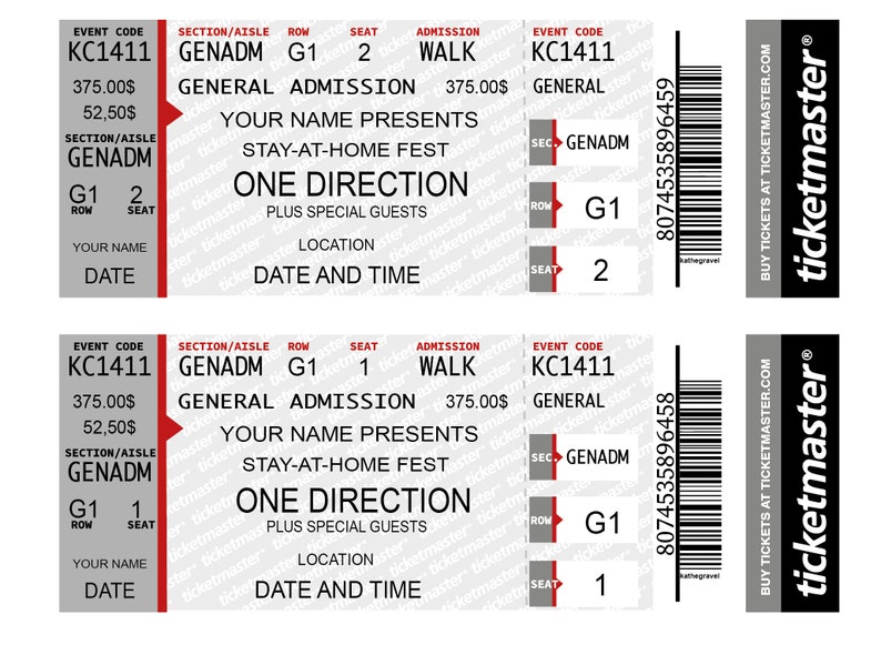 May include: Two gray and red ticket stubs for a One Direction concert. The event code is KC1411. The tickets are for general admission, section GENADM, row G1, seats 1 and 2. The tickets are for a Stay-At-Home Fest concert. The admission price is $375.00. The tickets are from Ticketmaster.