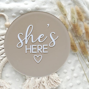 He&#39;s Here She&#39;s Here Gender Reveal Sign Set of 2 | She’s Here Gender Reveal | Twin Birth Announcement | Hospital Newborn Sign | He&#39;s Here