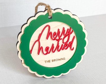 Merry and Married Wood And Acrylic Ornament | Personalized Newlywed Gift | Christmas Wreath Ornament | Holiday Tree Decor | 3D Ornaments