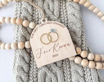 Personalized First Christmas Engaged Ornament | Laser Engraved Wood And Acrylic Wedding Ring Ornament