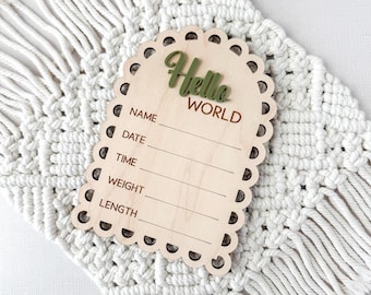 Scallop Arched Hello World  Wooden Birth Stat Sign | Custom Nursery Decor