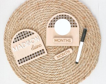Personalized Rattan Baby Name Sign | Interchangeable Monthly Milestone Sign | Wood & Acrylic Birth Announcement | Boho Nursery Decor |