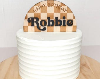 Personalized Checkered Birthday Cake Topper | Engraved Wood & Acrylic Arched Cake Decor