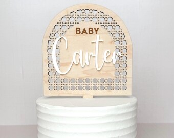 Wooden Rattan Baby Shower Cake Topper | Boho Baby Shower Cake Topper | Gender Neutral Baby Shower Decor | Rustic Baby Name Topper