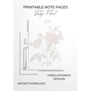 Printable Note Pages, Planner Insert Note Pages, Note Paper Digital Download, Vintage Floral