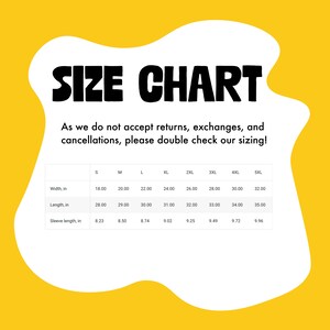 Size chart with a clear message: As we do not accept returns, exchanges, and cancellations, please double check our sizing! Encouraging customers to ensure the right fit and avoid inconvenience.