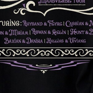 A close up the featuring part which reads Rhysand & Feyre, Cassian & Nesta, Drakon & Miriam, Rowan & Aelin,Hunt & Bryce, Baxian & Danika, and Kallias & Viviane.