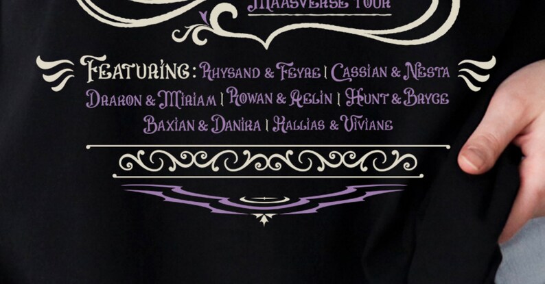 A close up the featuring part which reads Rhysand & Feyre, Cassian & Nesta, Drakon & Miriam, Rowan & Aelin,Hunt & Bryce, Baxian & Danika, and Kallias & Viviane.