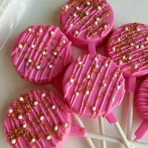 Gourmet Chocolate Covered Oreo Pops Cookies 1st Birthday Party Favor Baby Shower Its a Girl, Boxed Gift, Blush and Gold Mothers Day!