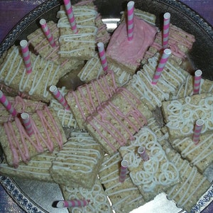 Chocolate Drizzled Rice Krispie Treats! Decorated in white, milk or dark chocolate drizzled with color!  Your Choice!  Birthday Party, Candy