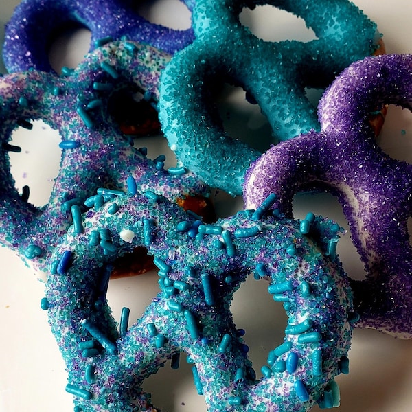 Magical Mermaid Birthday Party Favors! Gourmet Chocolate Covered Pretzels!  Teal and Purple sprinkles and decor! Frozen Party too!