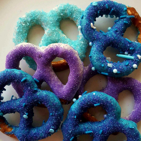 Frozen Inspired Chocolate Covered Pretzels - Purples, Teal, White Chocolate, Crystal Decor!  Birthday Party, Elsa, Anna Olaf Favor!