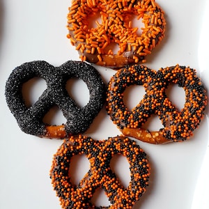 Halloween Trick or Treat Gourmet Chocolate Covered Pretzels Sprinkles Orange Black Costume Party Favors Gift Sets suprise the kids image 1