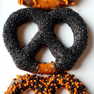 Halloween Trick or Treat Gourmet Chocolate Covered Pretzels Sprinkles Orange Black Costume Party Favors Gift Sets suprise the kids image 5