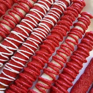 Gourmet Red and White and Chocolate Covered Pretzel Rods Valentines Day Boxed Sets! Wedding Birthday Shower Favor Christening Gourmet Basket