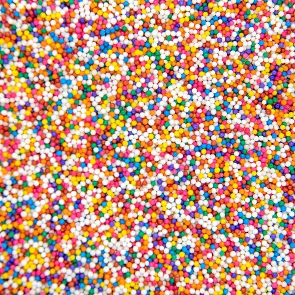 Rainbow non pareil sprinkles jimmies decor!  Super colorful and fun for cupcakes, cakes, cookies and more!  Great for Candy Land treats!