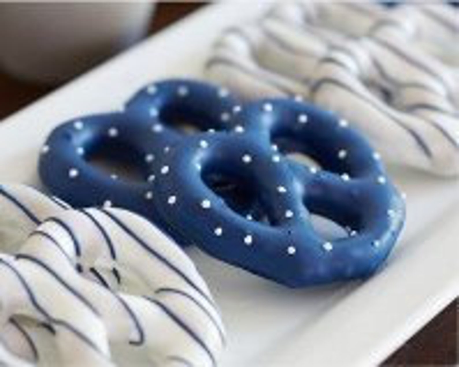 Chocolate Covered Pretzels White Chocolate Decorated in Royal Navy Blue