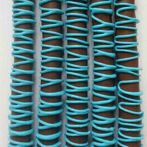 Gourmet Milk Chocolate Covered Pretzel Rods with Teal Decor! Baby Boy shower Christening Party Graduation Wedding Bridal Favors Fathers Day!