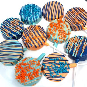 Gourmet Chocolate Covered Oreo Pops Cookies Birthday Party Favors Wedding Bridal Shower Baby Shower Fathers Day Blue Orange Kids Snacks