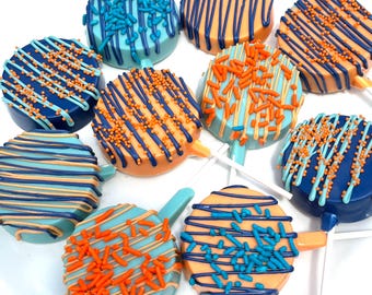 Gourmet Chocolate Covered Oreo Pops Cookies Birthday Party Favors Wedding Bridal Shower Baby Shower Fathers Day Blue Orange Kids Snacks